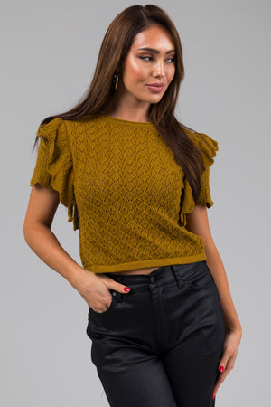 Mustard Ruffle Sleeve Crochet Knit Crop Top