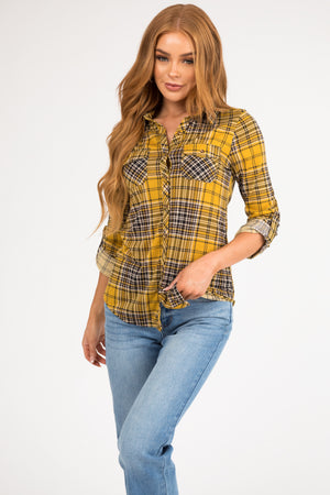 Mustard and Black Plaid Top with Chest Pocket