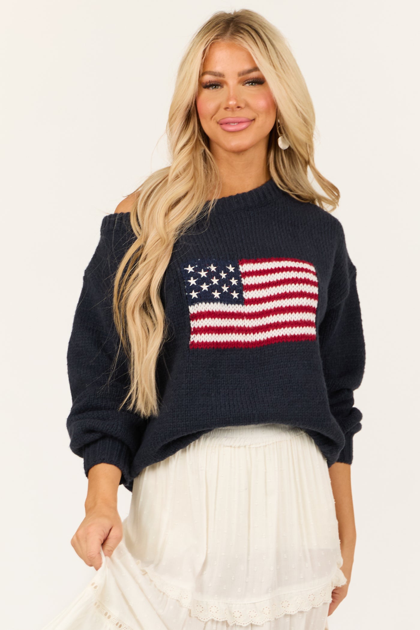 Navy American Flag Boatneck Thick Knit Sweater