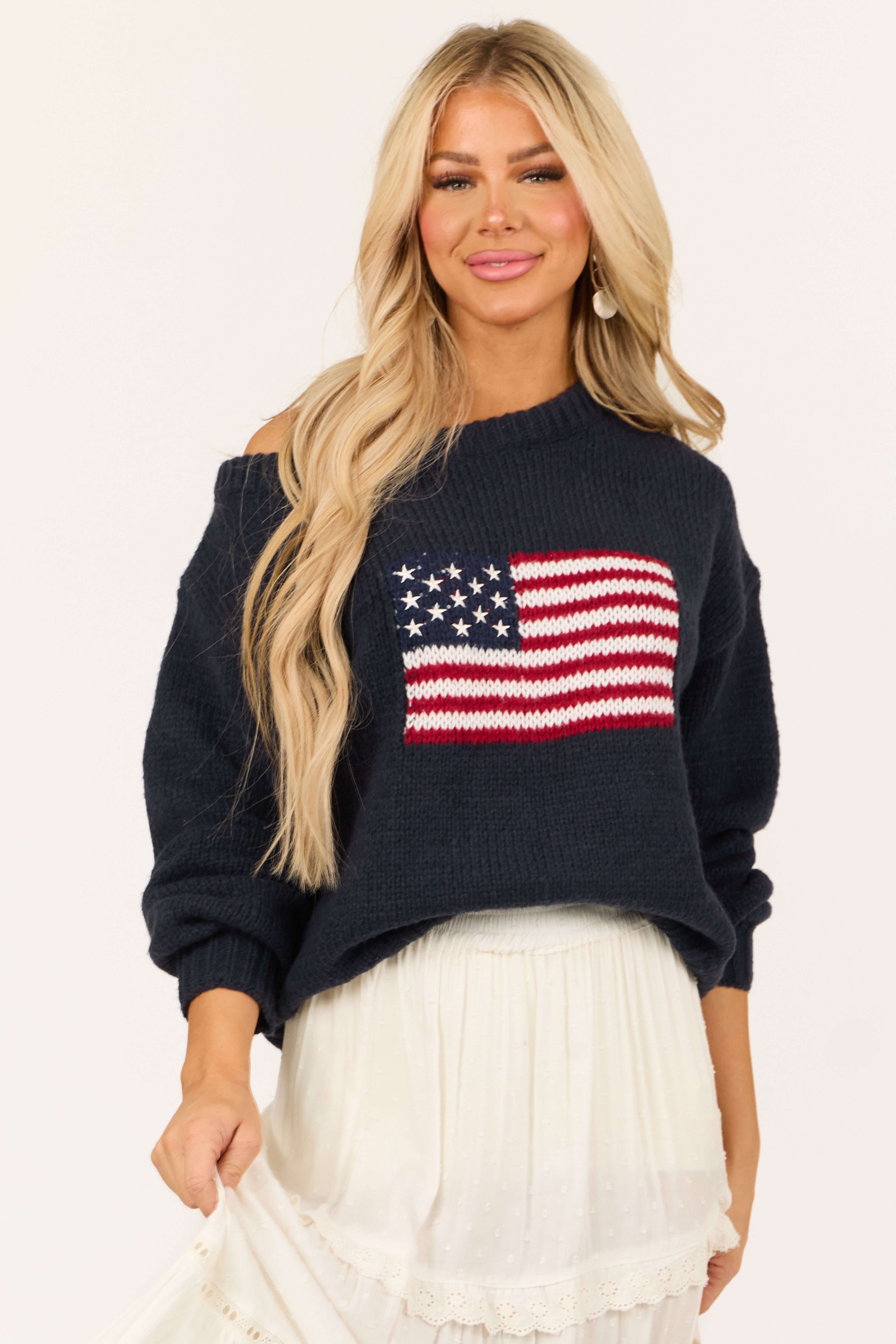 Navy American Flag Boatneck Thick Knit Sweater