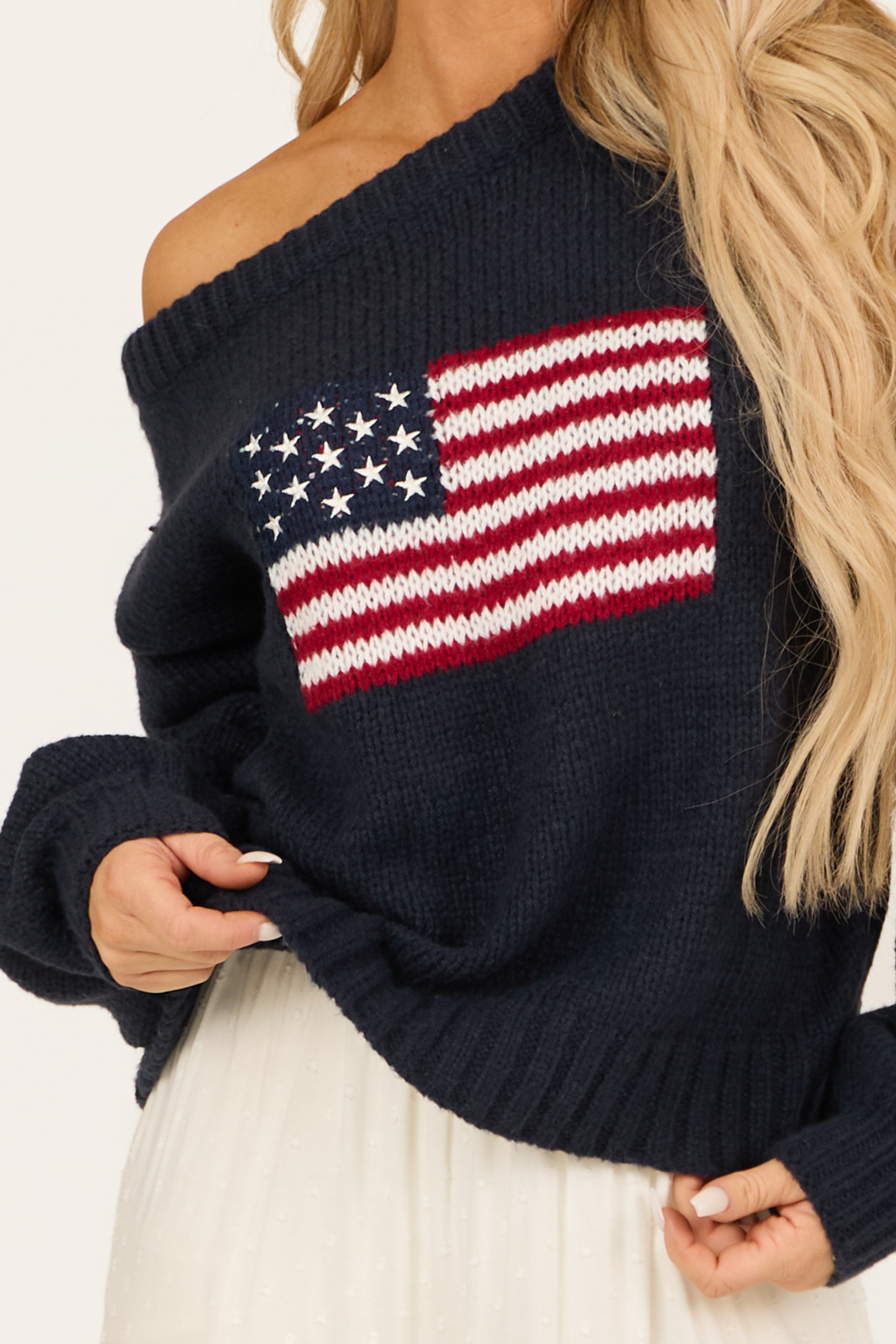 Navy American Flag Boatneck Thick Knit Sweater