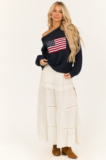 Navy American Flag Boatneck Thick Knit Sweater