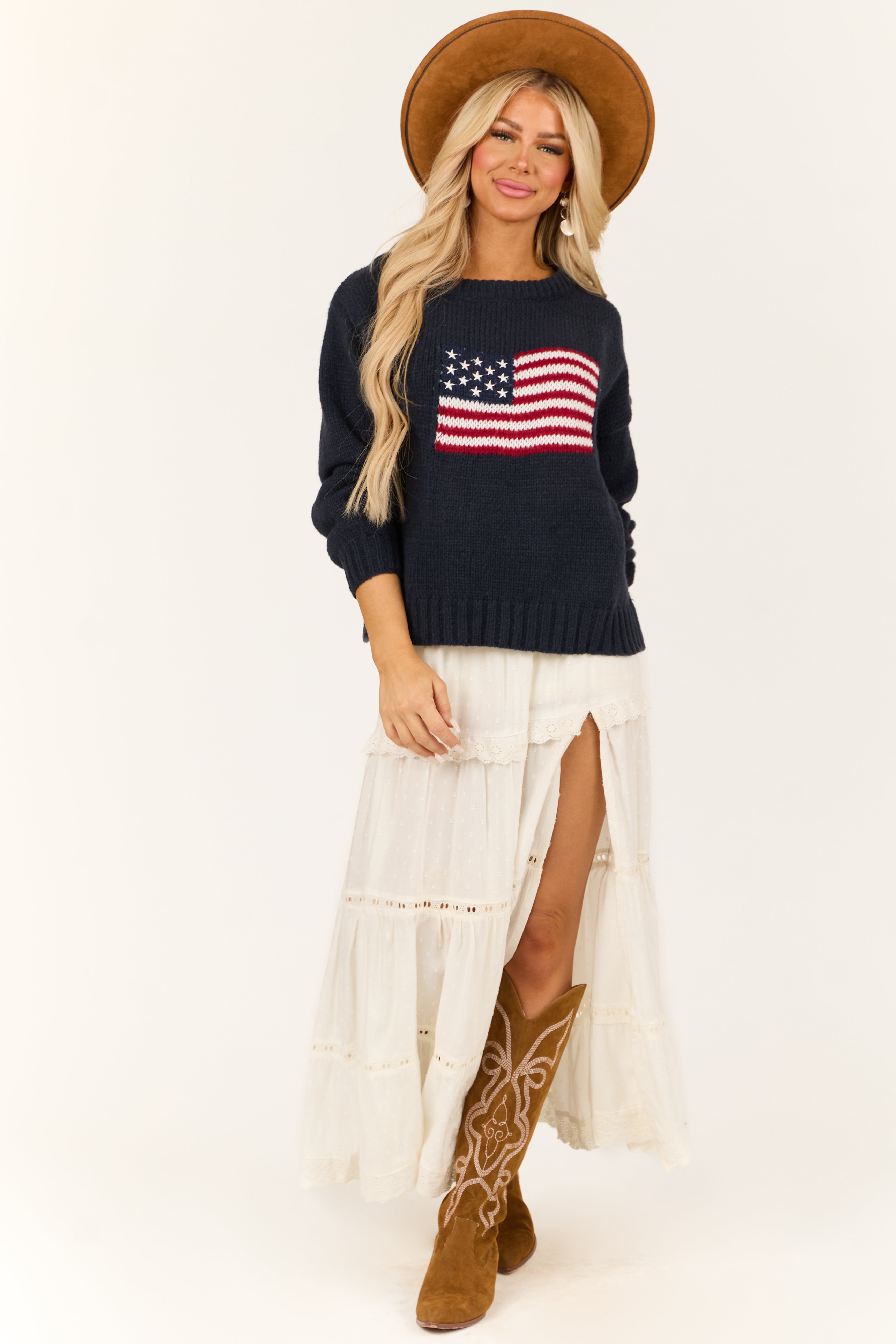 Navy American Flag Boatneck Thick Knit Sweater