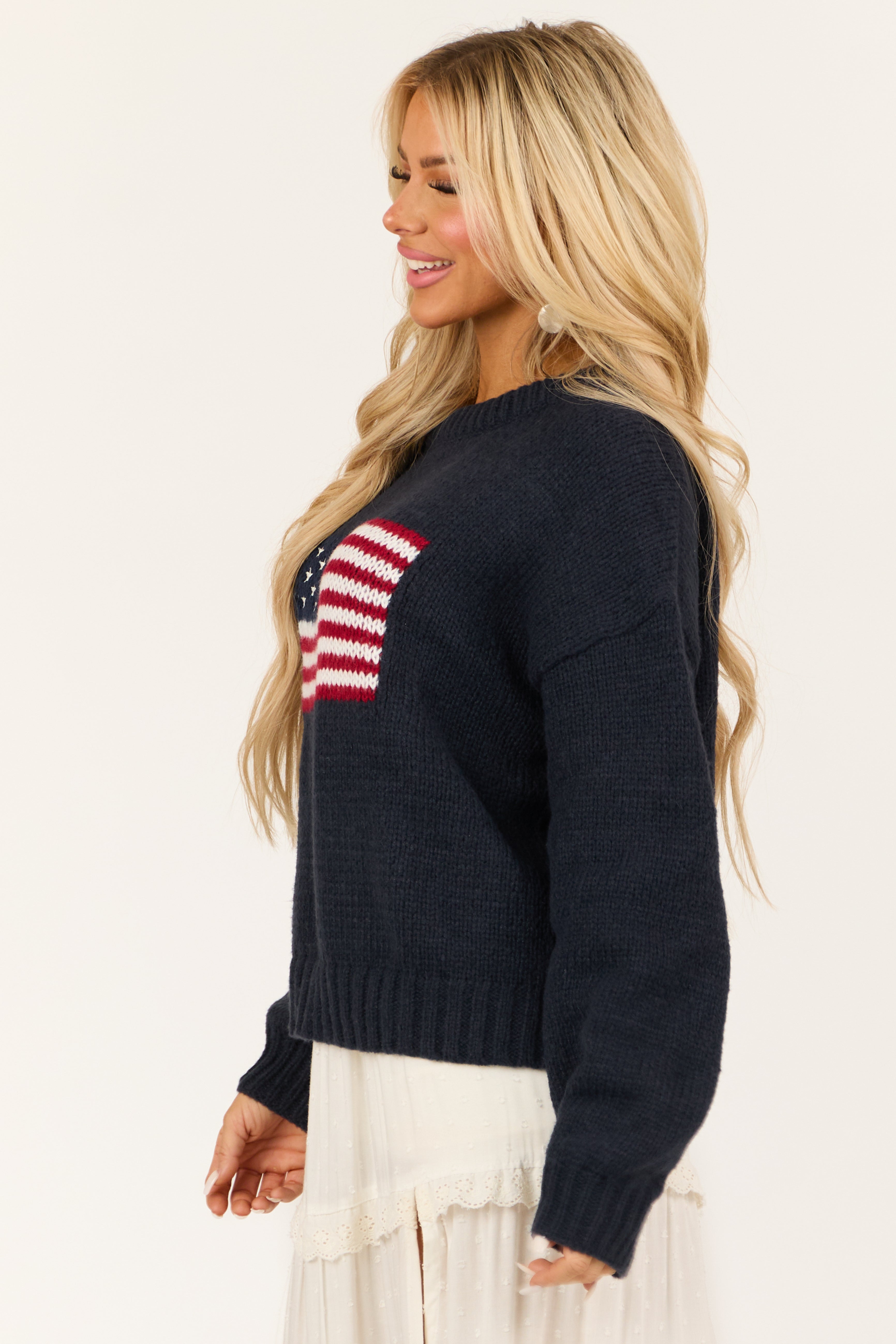 Navy American Flag Boatneck Thick Knit Sweater