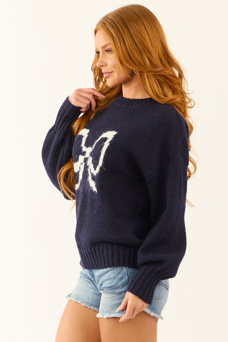 Navy Bow Graphic Long Sleeve Crew Neck Sweater