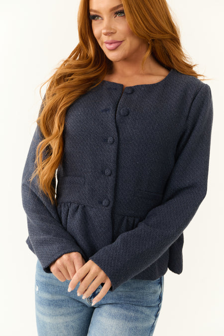 Navy Button Down Ruffle Hem Long Sleeve Cardigan