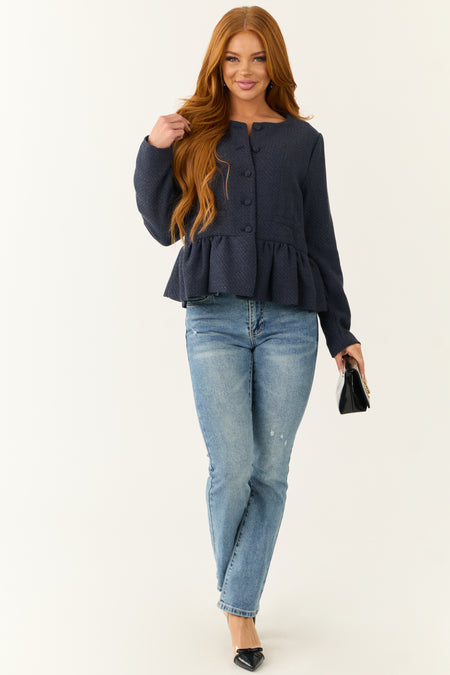 Navy Button Down Ruffle Hem Long Sleeve Cardigan