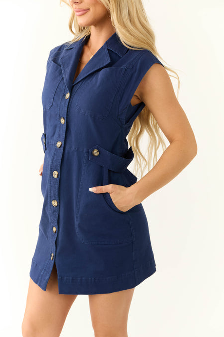 Navy Cargo Style Twill Mini Dress