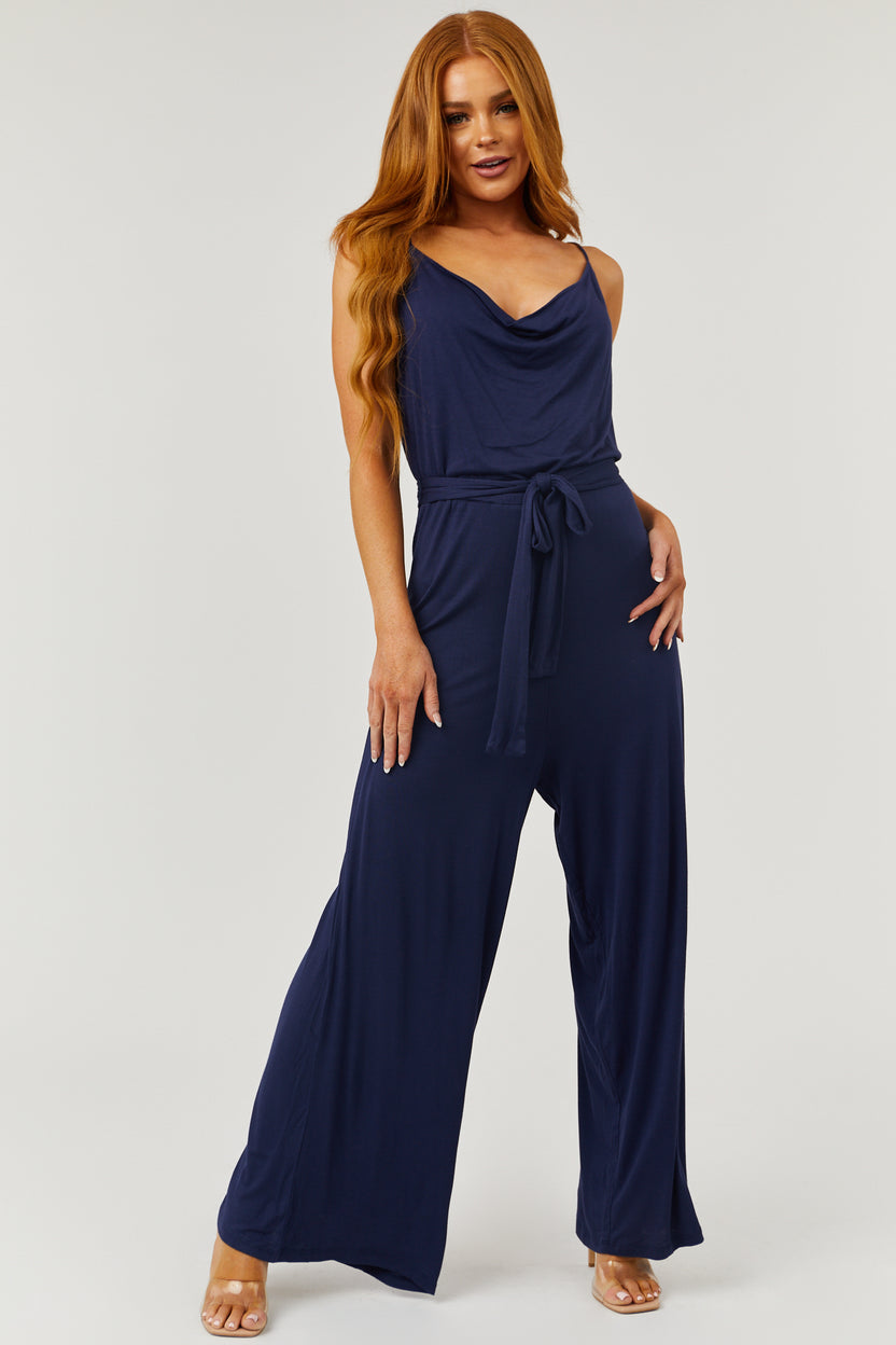 Navy Cowl Neck Sleeveless Wide Leg Jumpsuit