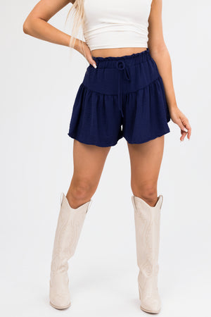 Navy Elastic Waist Woven Flounce Shorts