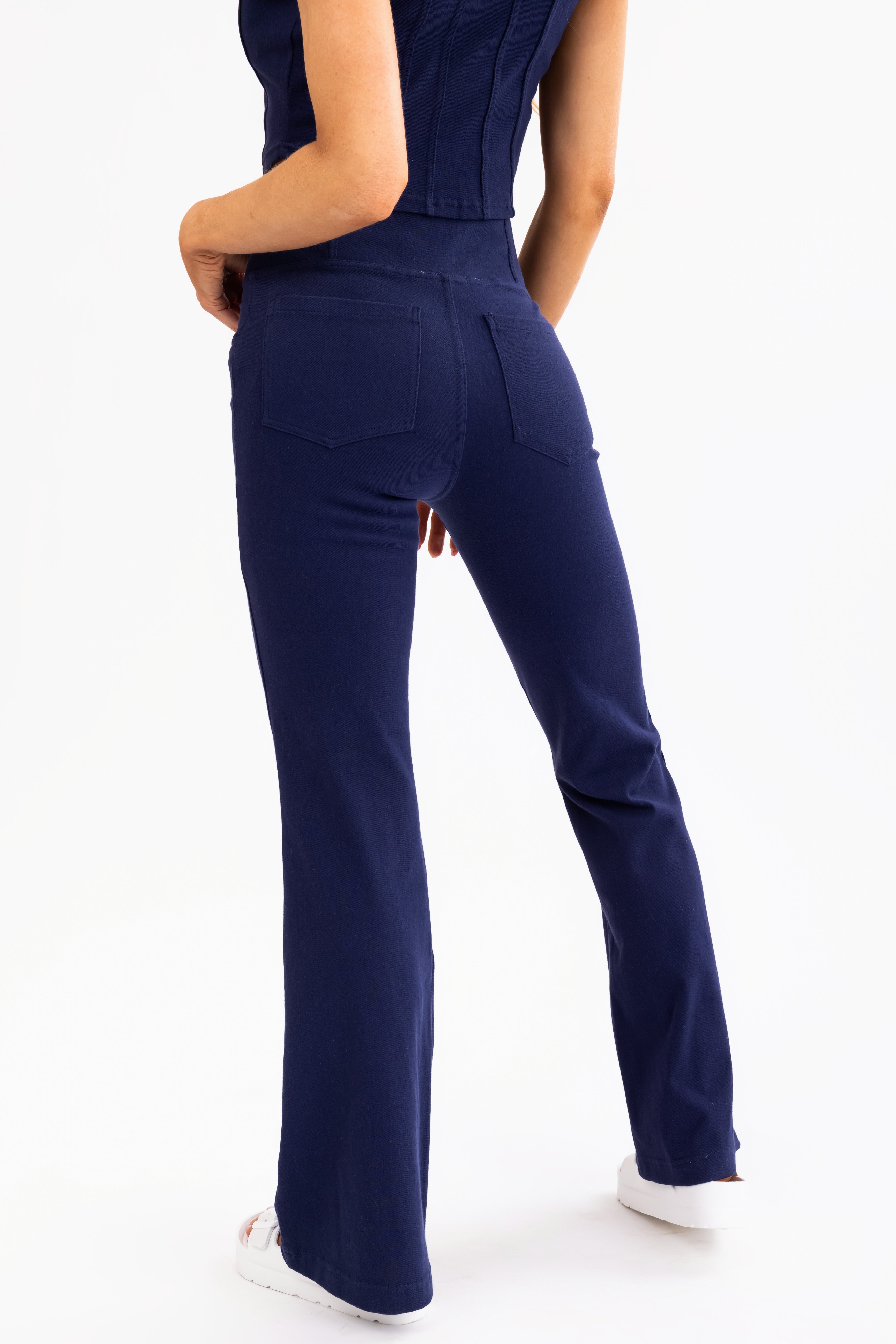 Navy Flared Leg Crossover Waist Knit Pants