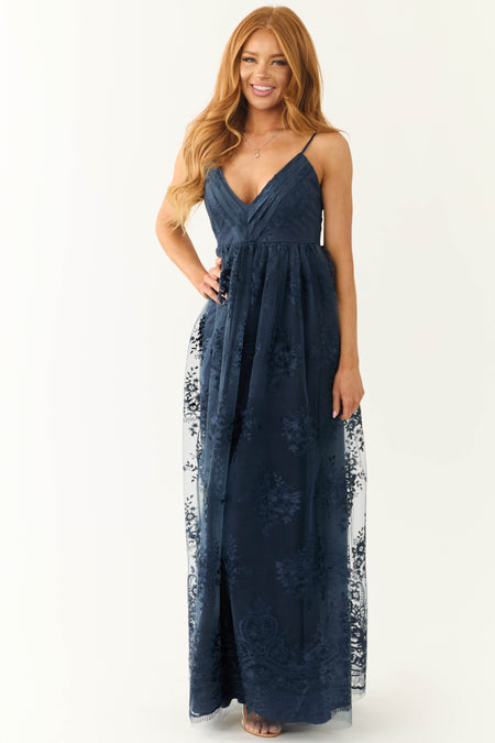 Navy Floral Detail Sleeveless Maxi Dress