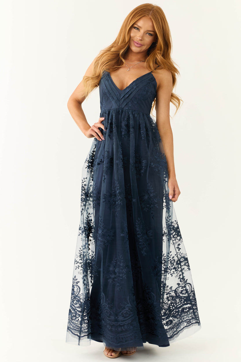 Navy Floral Detail Sleeveless Maxi Dress