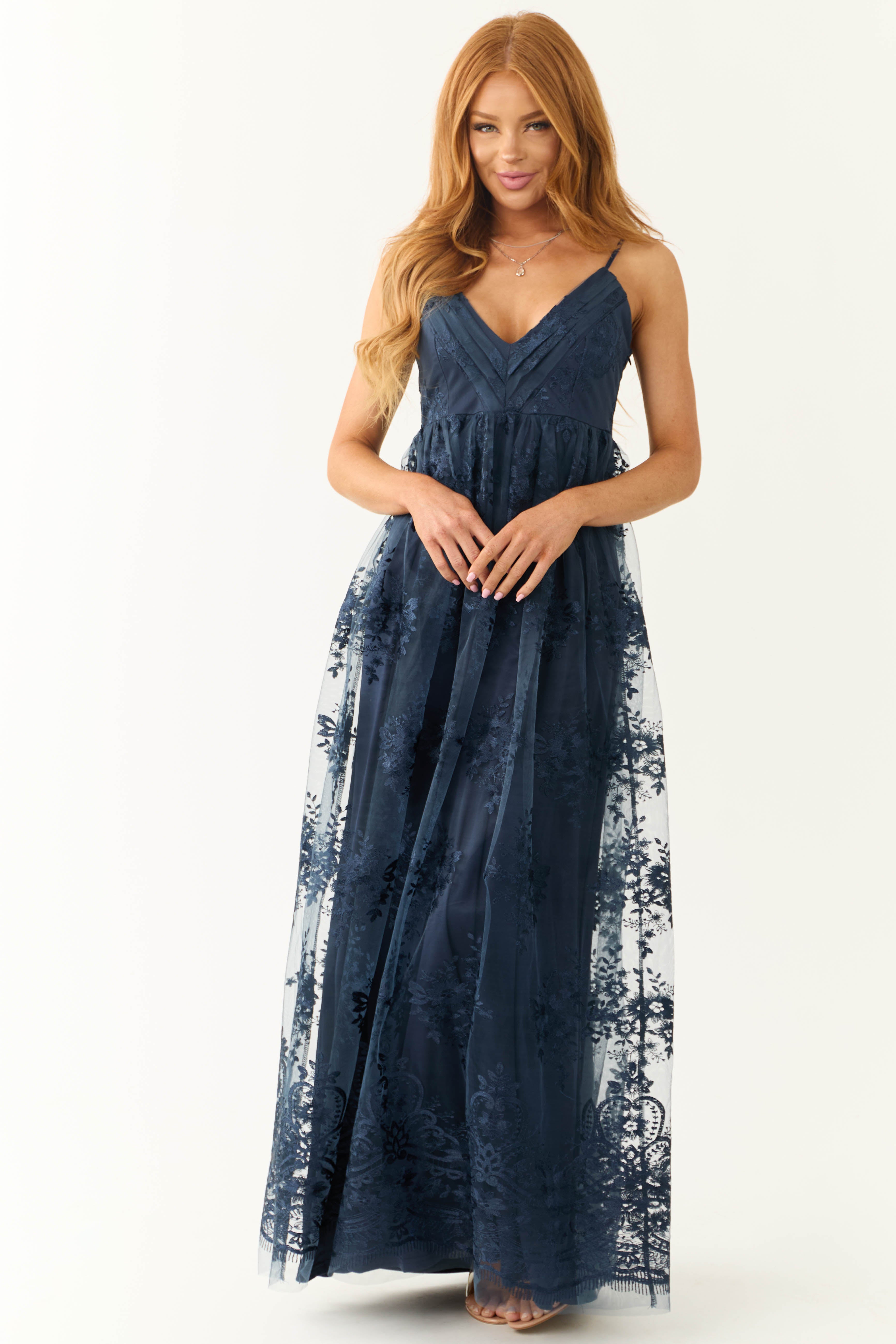 Navy Floral Detail Sleeveless Maxi Dress