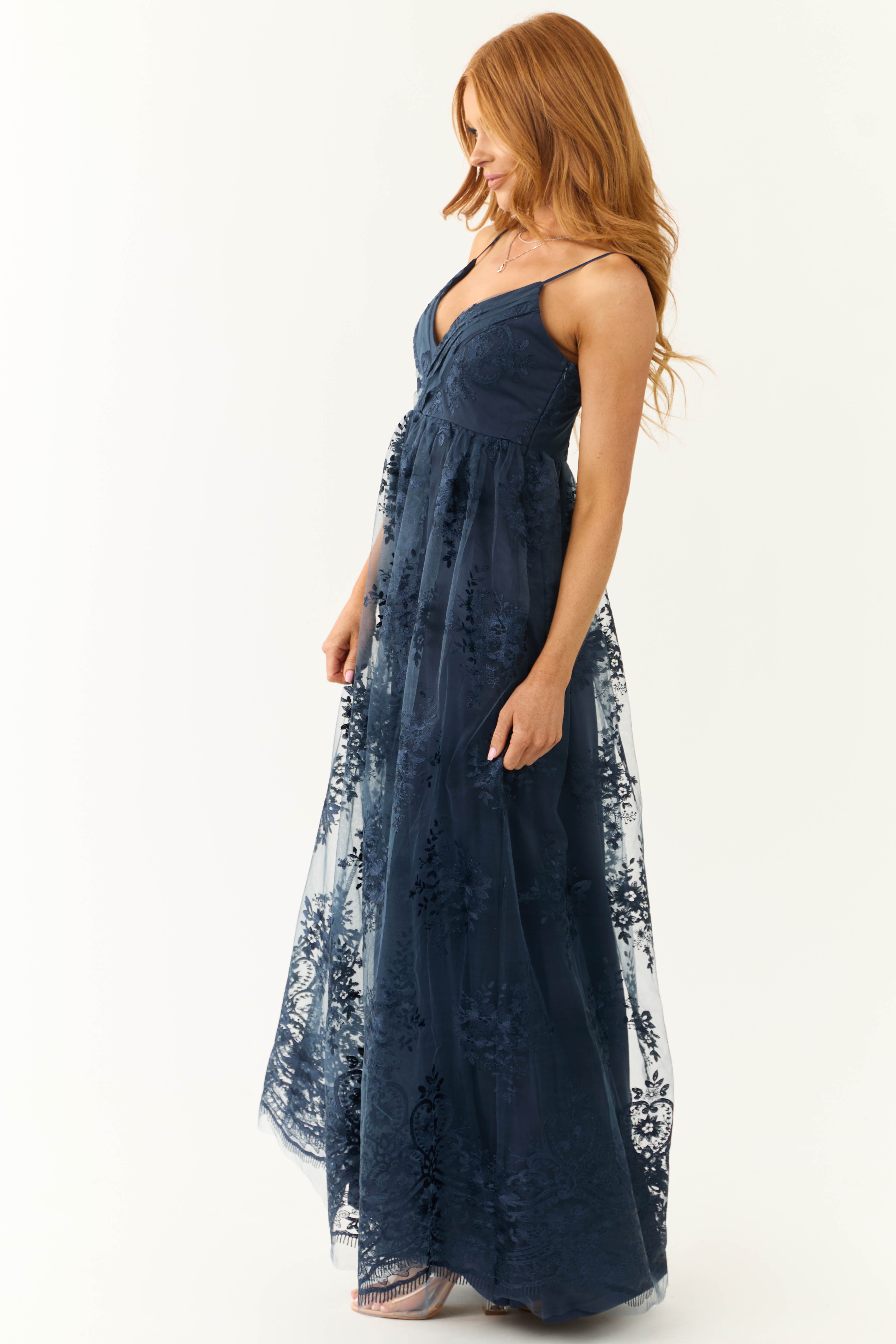 Navy Floral Detail Sleeveless Maxi Dress