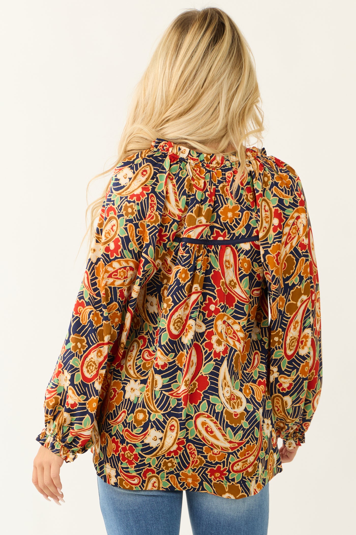 Navy Floral Paisley Print Button Down Satin Blouse