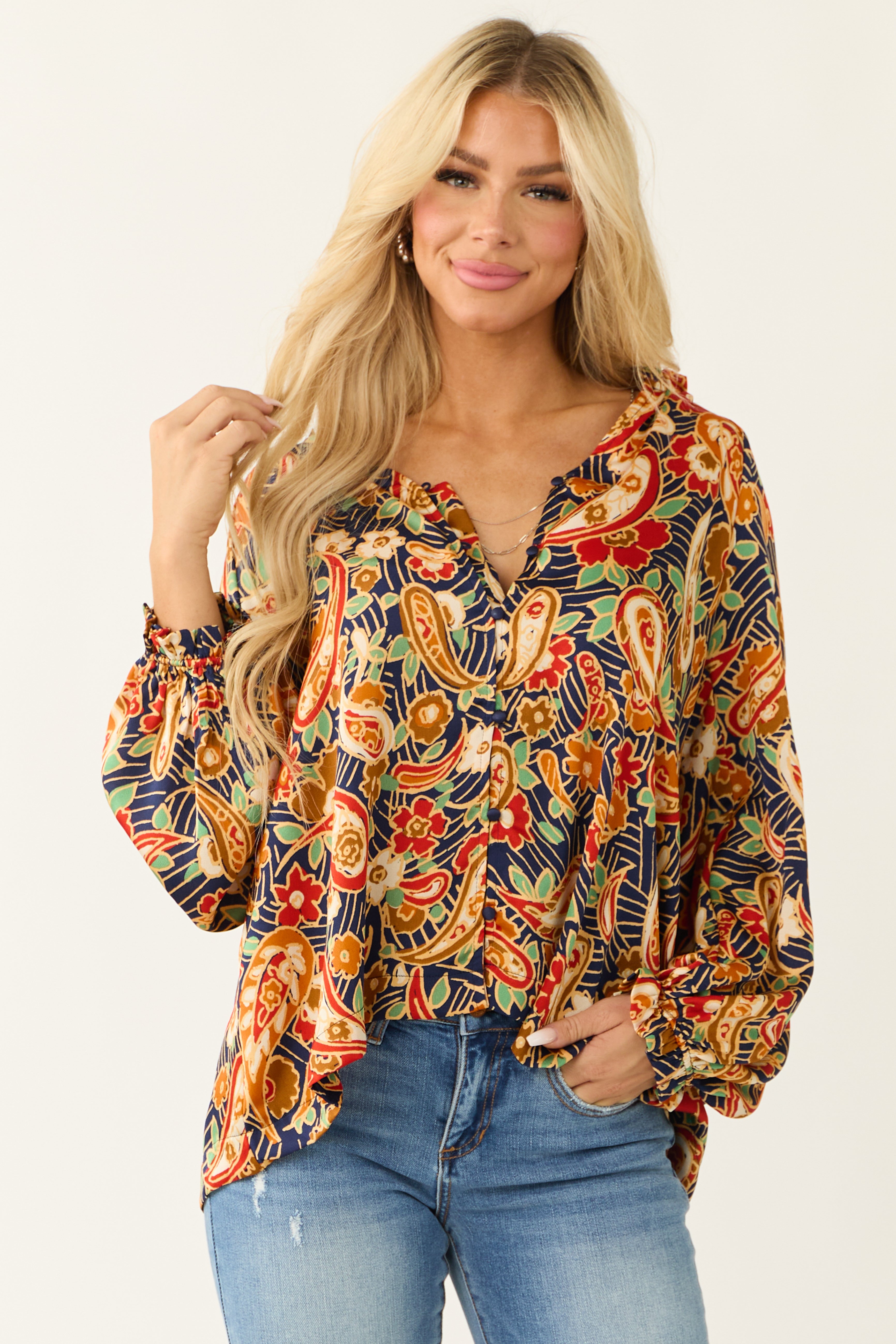 THE GREAT. Navy Floral Silk Button Down Boho Blouse Top - on sale Size 1 Small