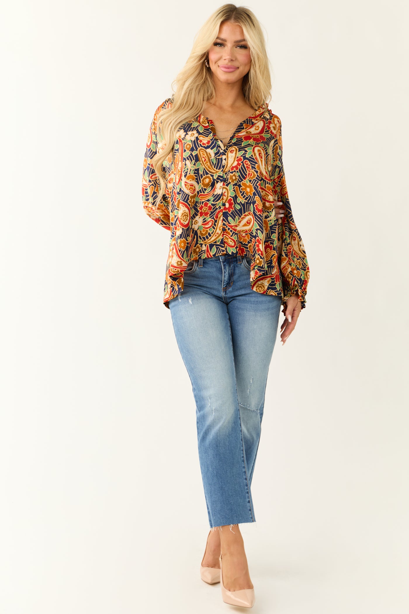 Navy Floral Paisley Print Button Down Satin Blouse