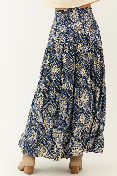 Navy Floral Print Elastic Waist Tiered Maxi Skirt