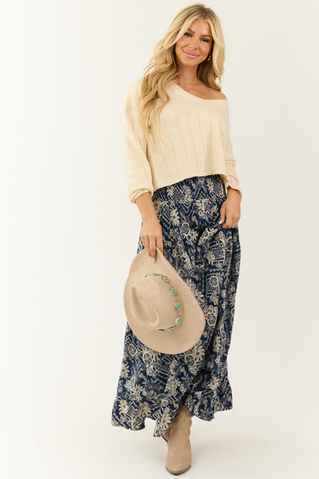 Navy Floral Print Elastic Waist Tiered Maxi Skirt