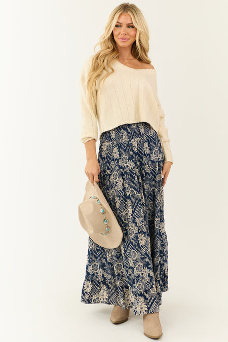 Navy Floral Print Elastic Waist Tiered Maxi Skirt