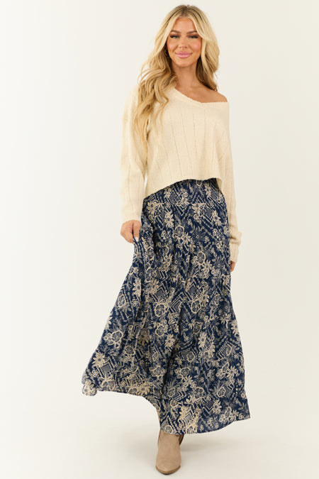 Navy Floral Print Elastic Waist Tiered Maxi Skirt