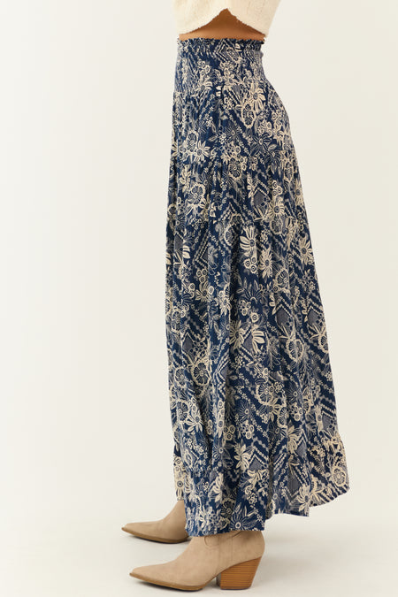 Navy Floral Print Elastic Waist Tiered Maxi Skirt