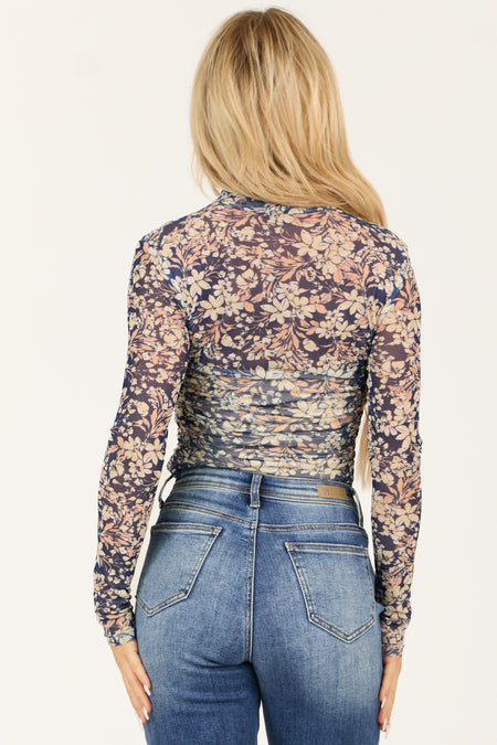 Navy Floral Print Mock Neck Mesh Ruched Bodysuit