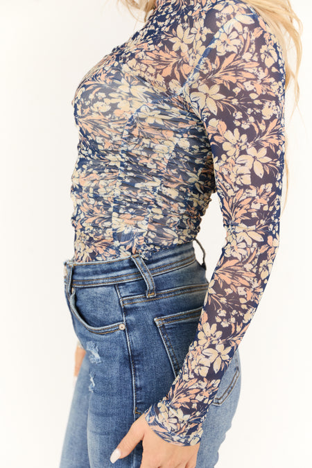 Navy Floral Print Mock Neck Mesh Ruched Bodysuit