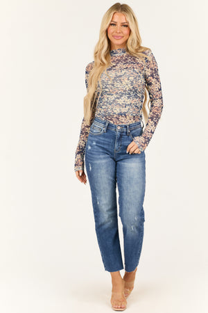 Navy Floral Print Mock Neck Mesh Ruched Bodysuit