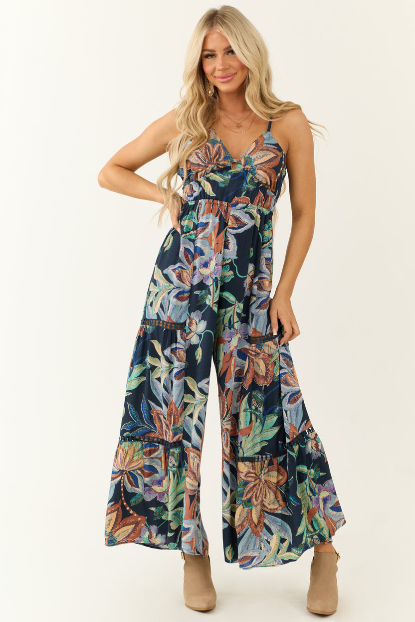 Navy Floral Print Open Back Wide Leg Jumpsuit