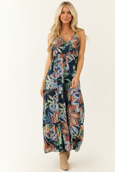 Navy Floral Print Open Back Wide Leg Jumpsuit