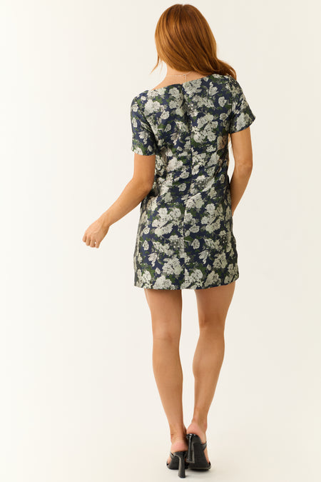 Navy Floral Print Short Sleeve Mini Dress