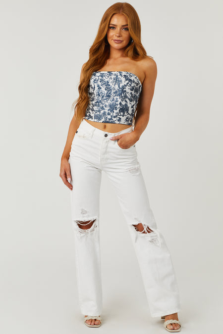 Navy Floral Print Strapless Lace Up Corset Top