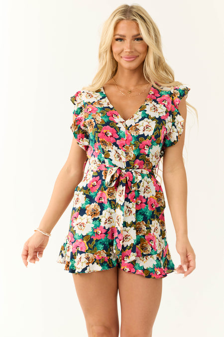 Navy Floral Print Waist Tie Romper