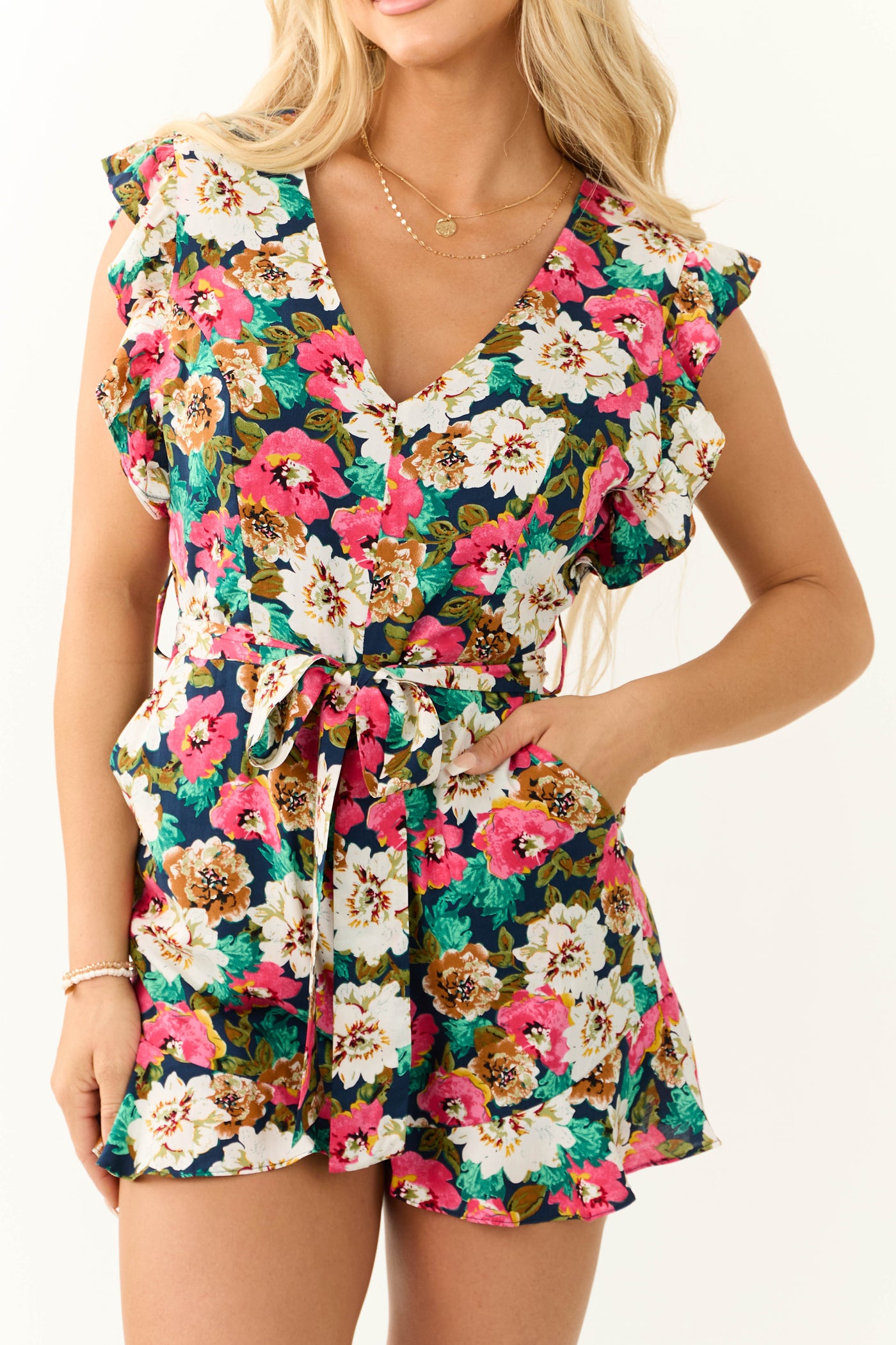 Navy Floral Print Waist Tie Romper