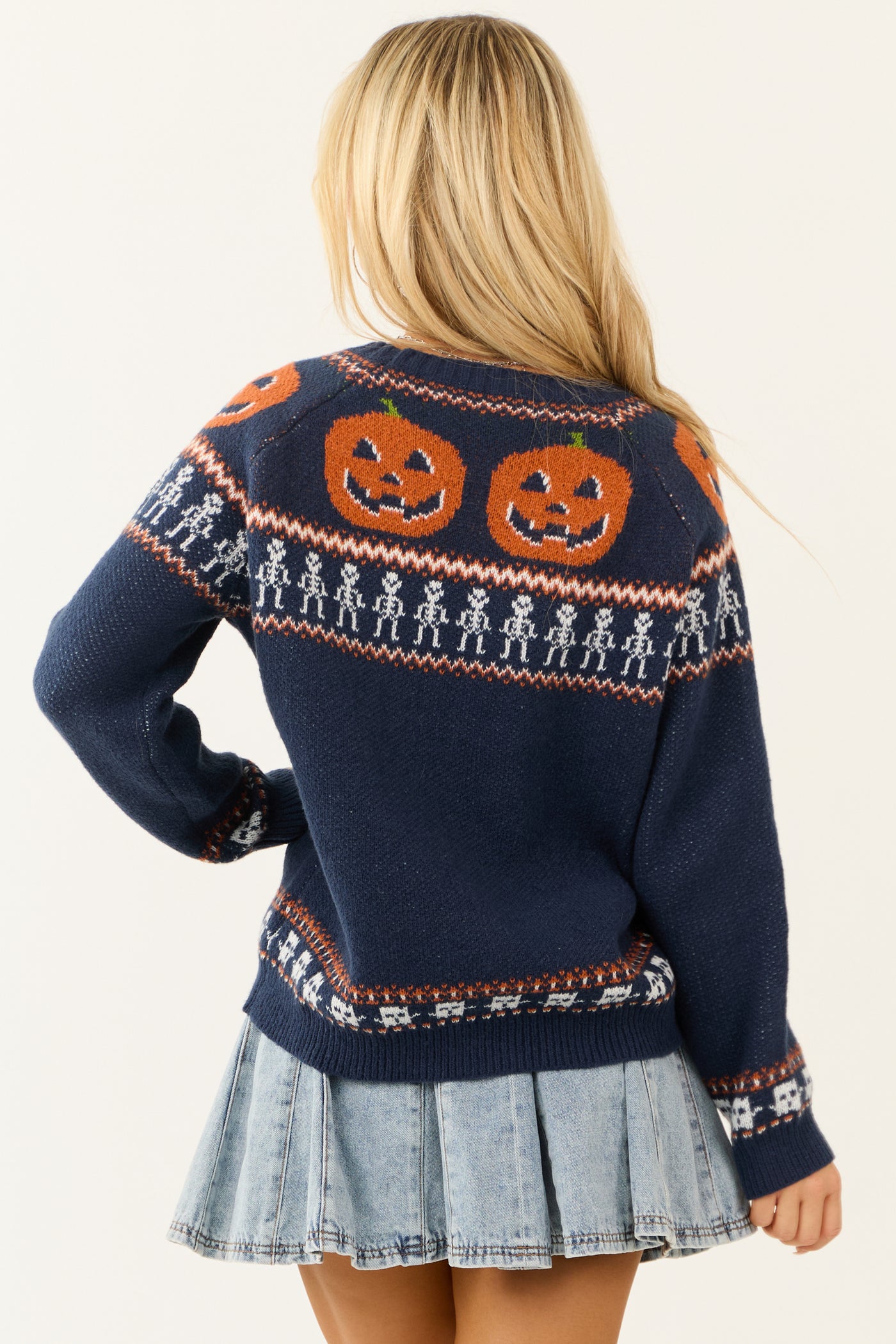 Navy Halloween Print Long Sleeve Knit Sweater