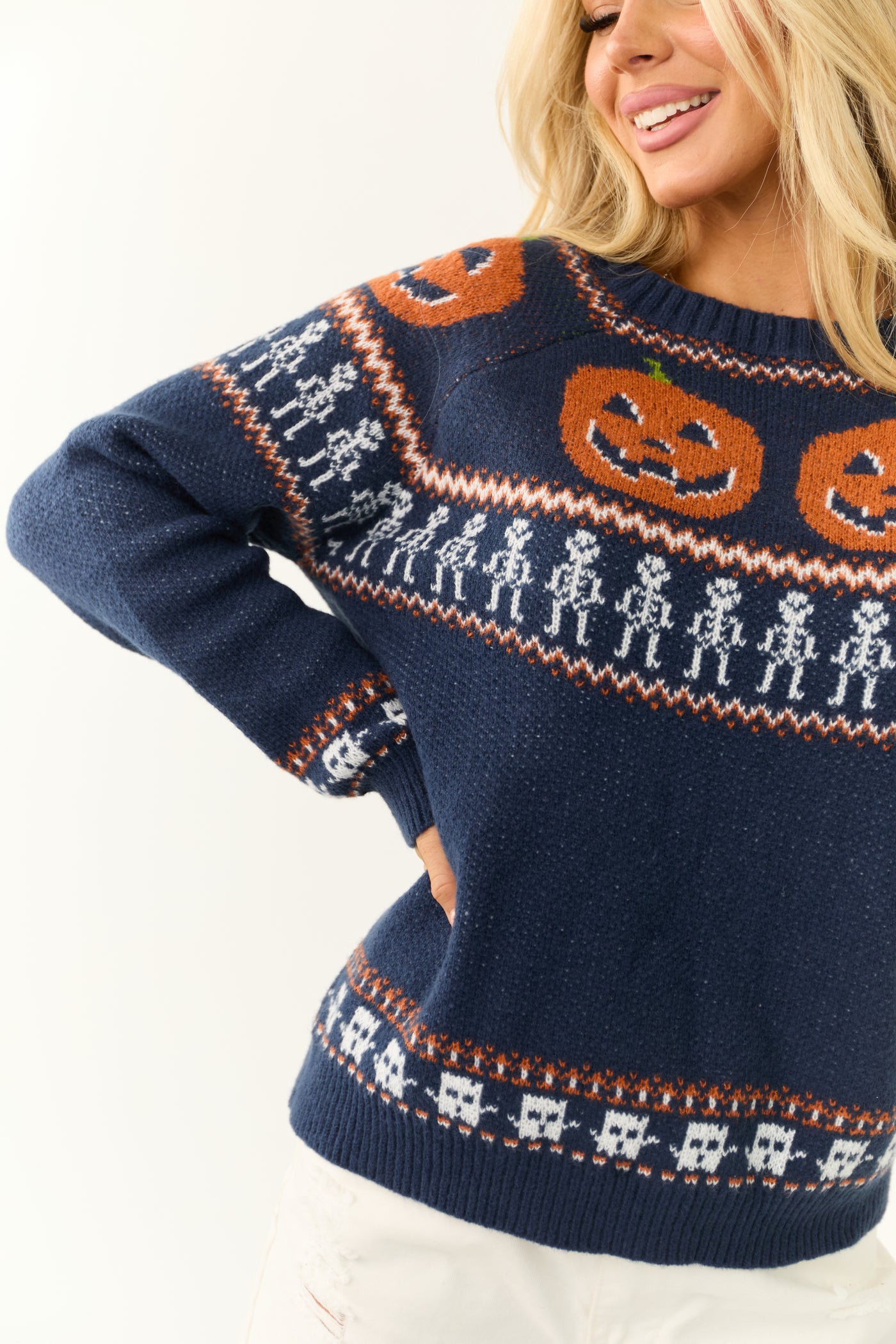 Navy Halloween Print Long Sleeve Knit Sweater