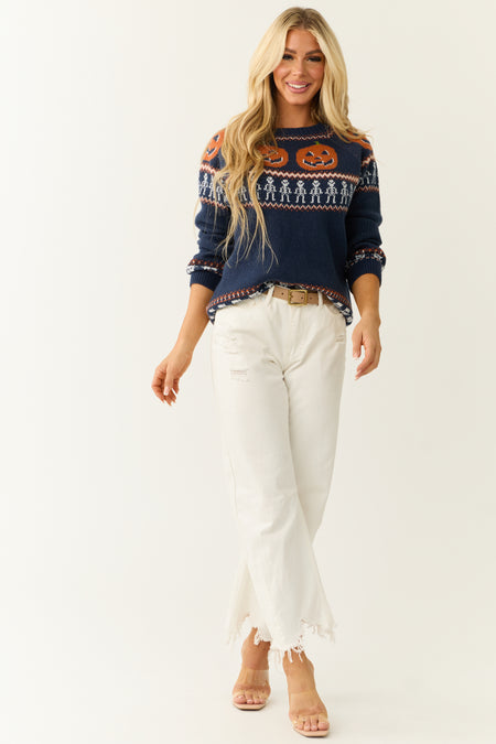 Navy Halloween Print Long Sleeve Knit Sweater