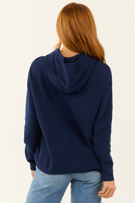 Navy Long Sleeve Knit Drawstring Hoodie