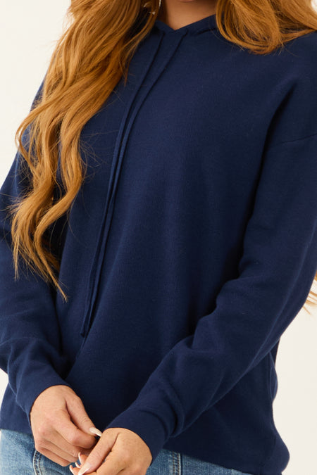 Navy Long Sleeve Knit Drawstring Hoodie