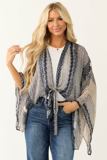 Navy Multi Print Front Tie Long Sleeve Kimono