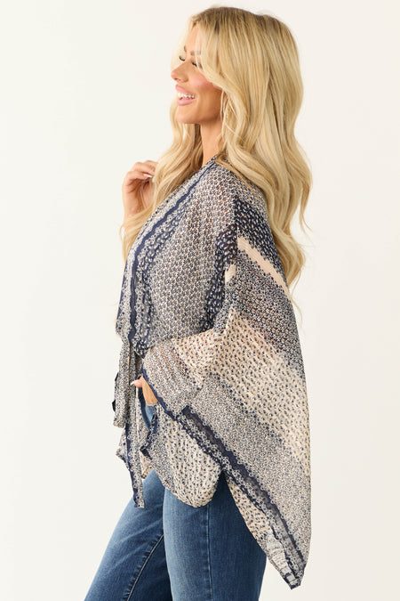 Navy Multi Print Front Tie Long Sleeve Kimono