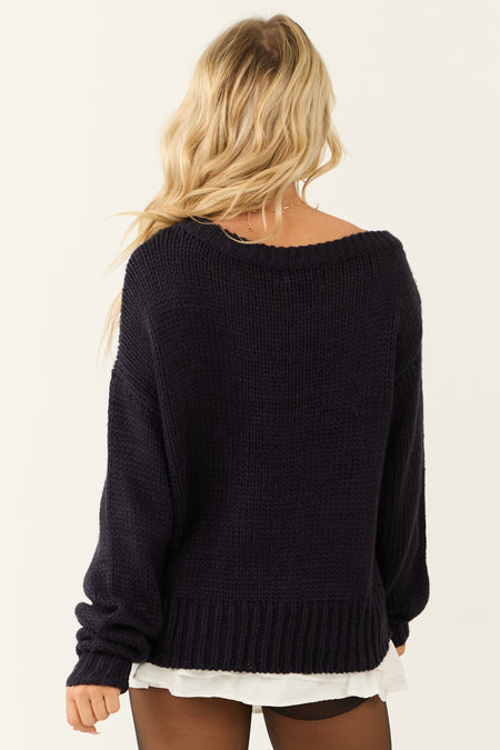 Navy One Shoulder Long Sleeve Knit Sweater