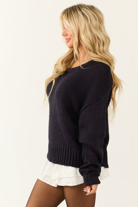 Navy One Shoulder Long Sleeve Knit Sweater