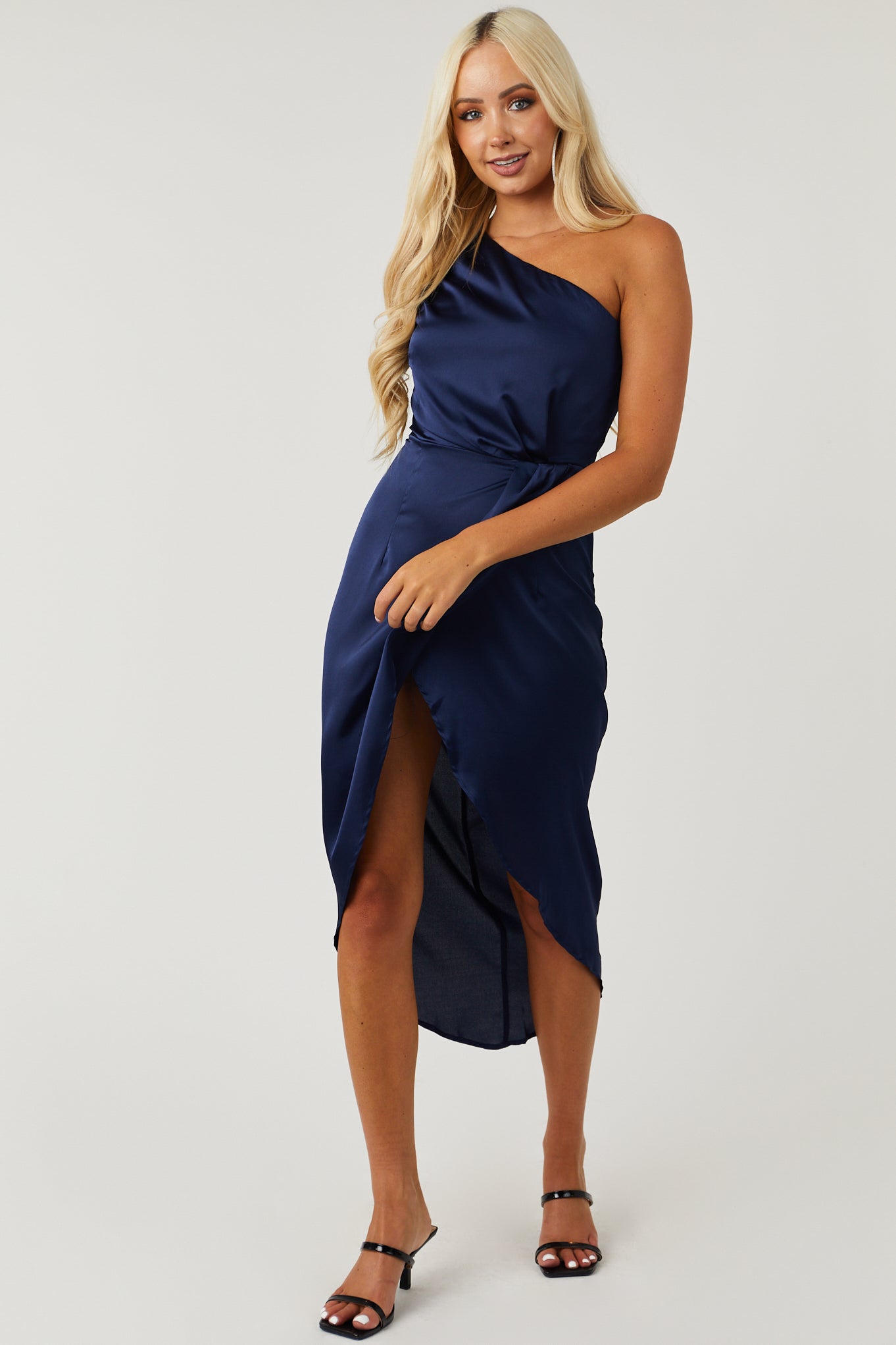 Navy One Shoulder Tulip Hem Satin Midi Dress