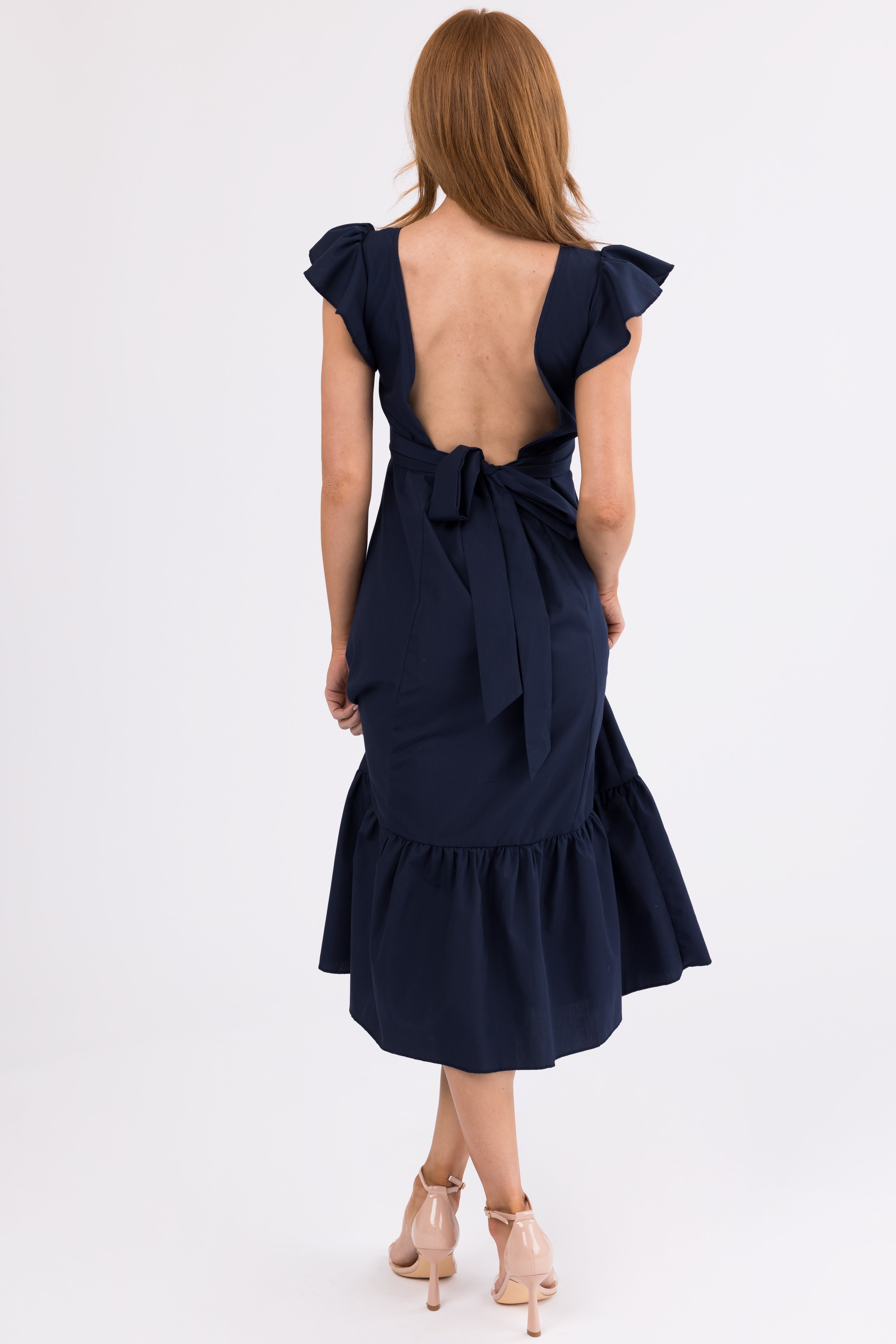 Navy Open Back Ruffle Short Sleeve Midi Dress