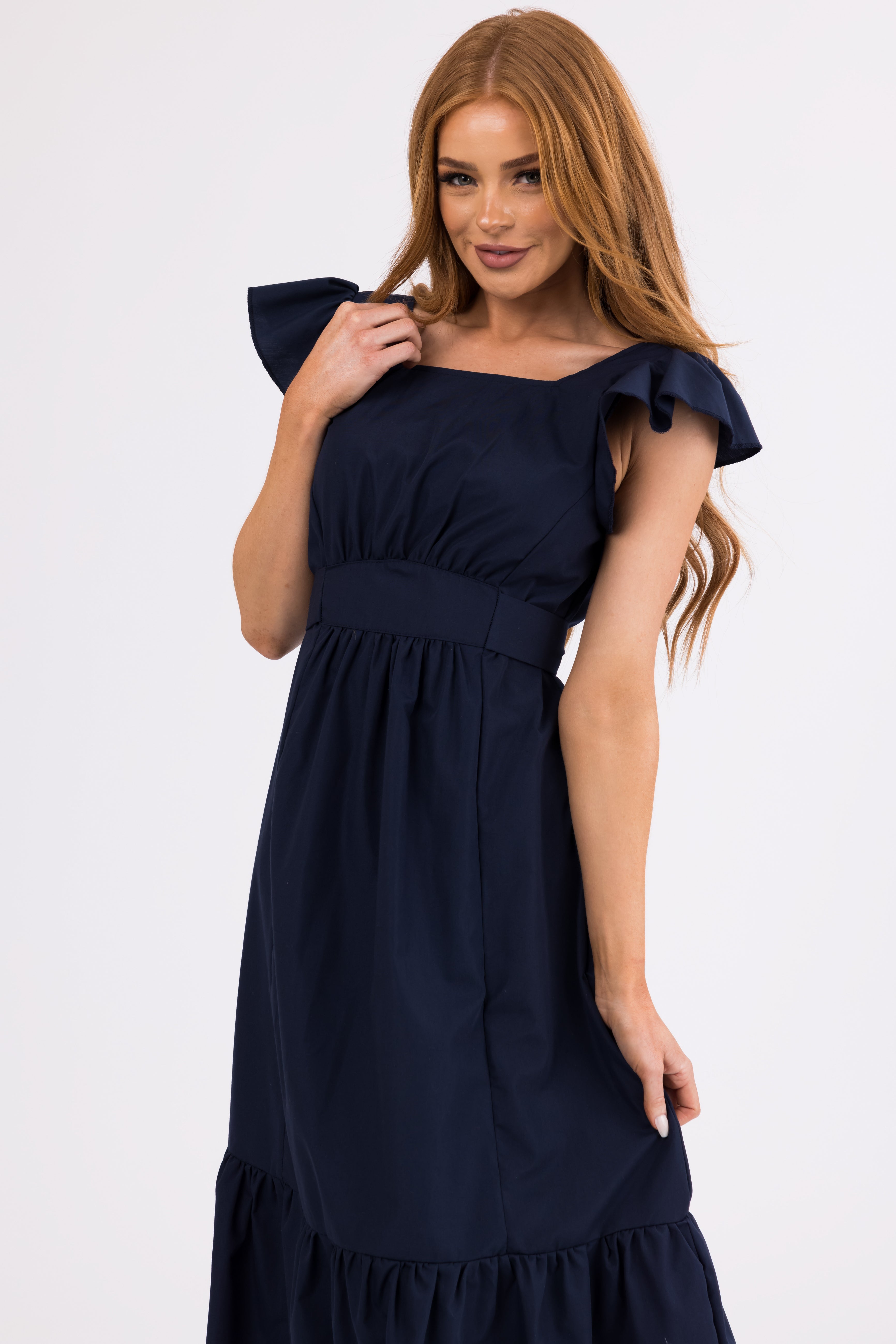 Navy Open Back Ruffle Short Sleeve Midi Dress