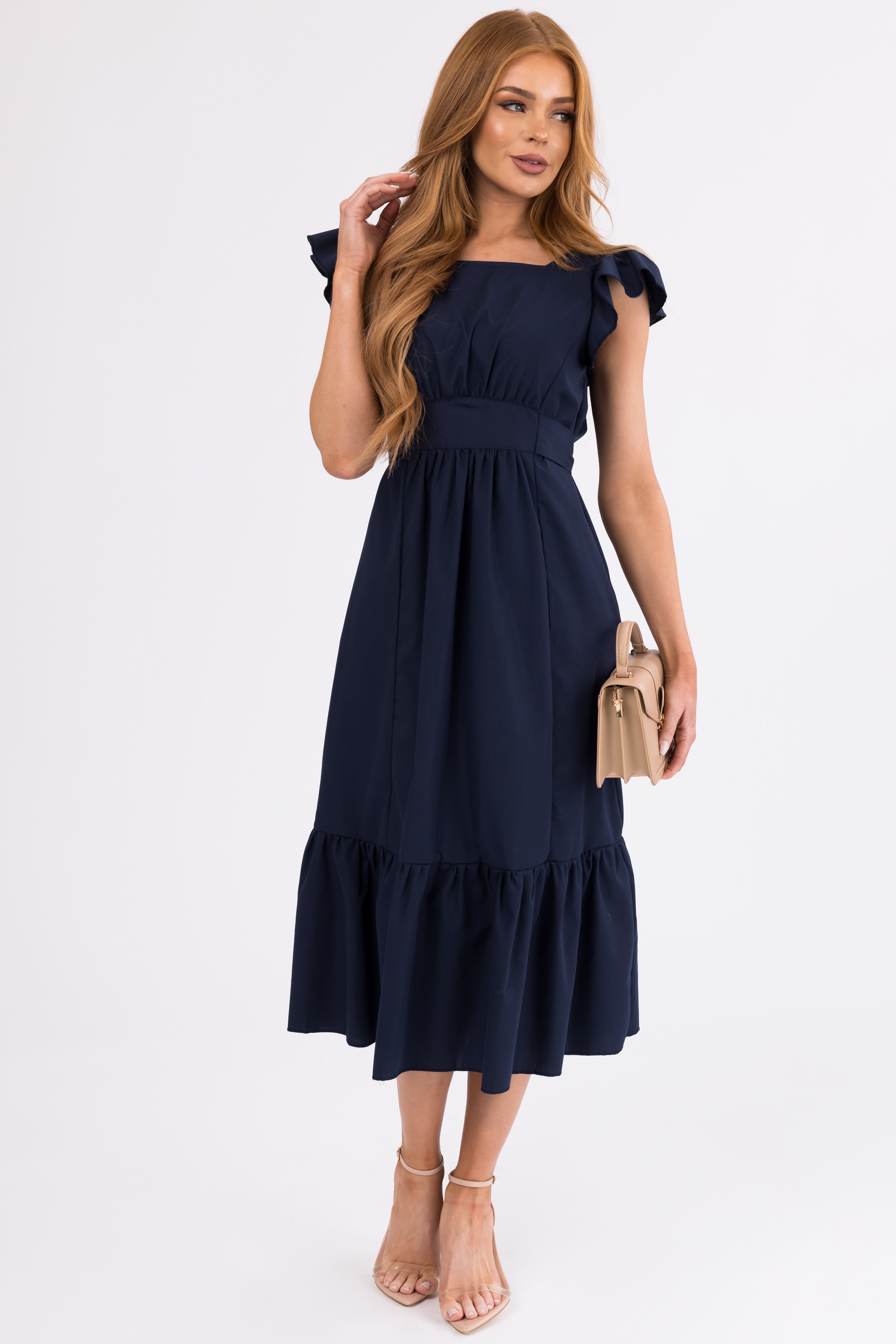 Navy Open Back Ruffle Short Sleeve Midi Dress