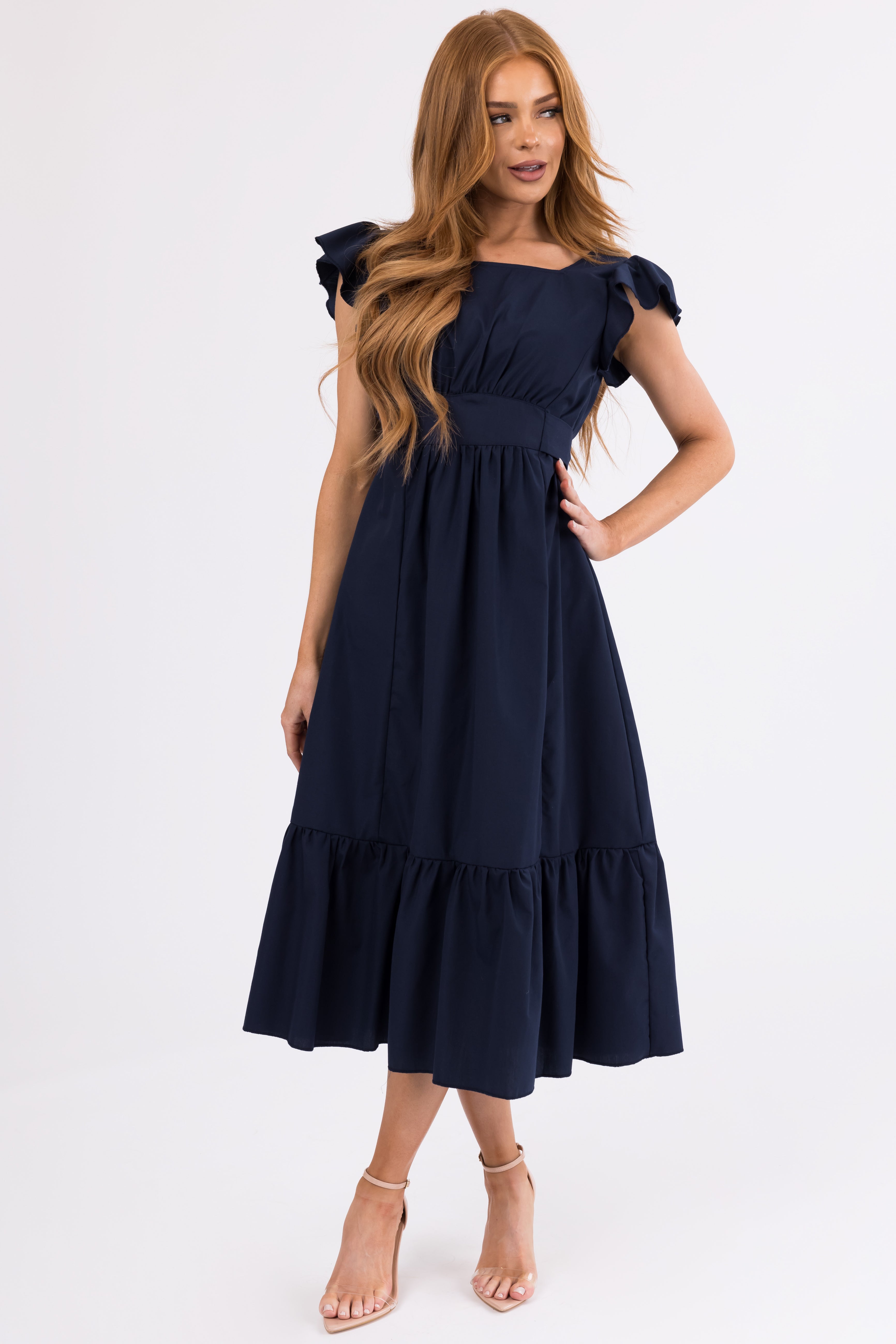 Navy Open Back Ruffle Short Sleeve Midi Dress